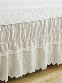 1pc Modern Style Bedroom White Solid Color Soft Ruffled Skirt With White Lace Edges - Beige - View 8