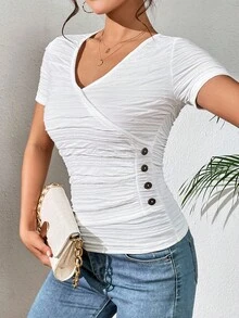 SHEIN Privé 紐扣細節側收褶T恤 - 白色 - 查看 4