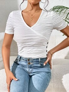 SHEIN Privé 紐扣細節側收褶T恤 - 白色 - 查看 5