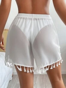 EMERY ROSE 流蘇邊罩衫短褲無丁字褲 - 白色 - 查看 2