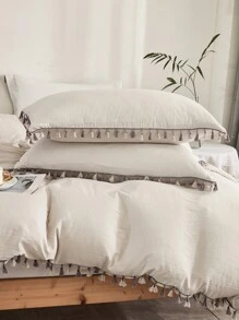 Bộ 3 vỏ chăn màu be với trang trí tua rua tông màu kép - Màu be - Xem 1