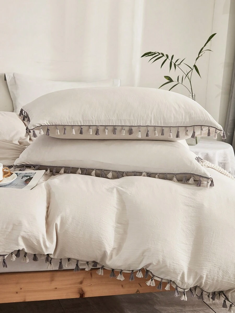 Bộ 3 vỏ chăn màu be với trang trí tua rua tông màu kép - Màu be - Xem 1