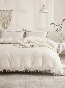 Bộ 3 vỏ chăn màu be với trang trí tua rua tông màu kép - Màu be - Xem 2