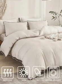 Bộ 3 vỏ chăn màu be với trang trí tua rua tông màu kép - Màu be - Xem 4