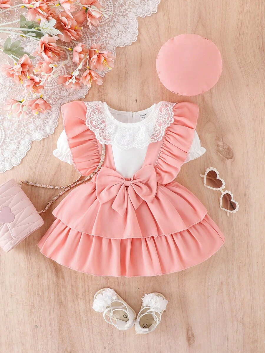 嬰兒女寶寶對比蕾絲上衣和蝴蝶結前層次擺短褶裙&帽子 - 彩色 - 查看 1