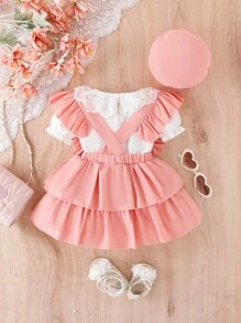 嬰兒女寶寶對比蕾絲上衣和蝴蝶結前層次擺短褶裙&帽子 - 彩色 - 查看 2