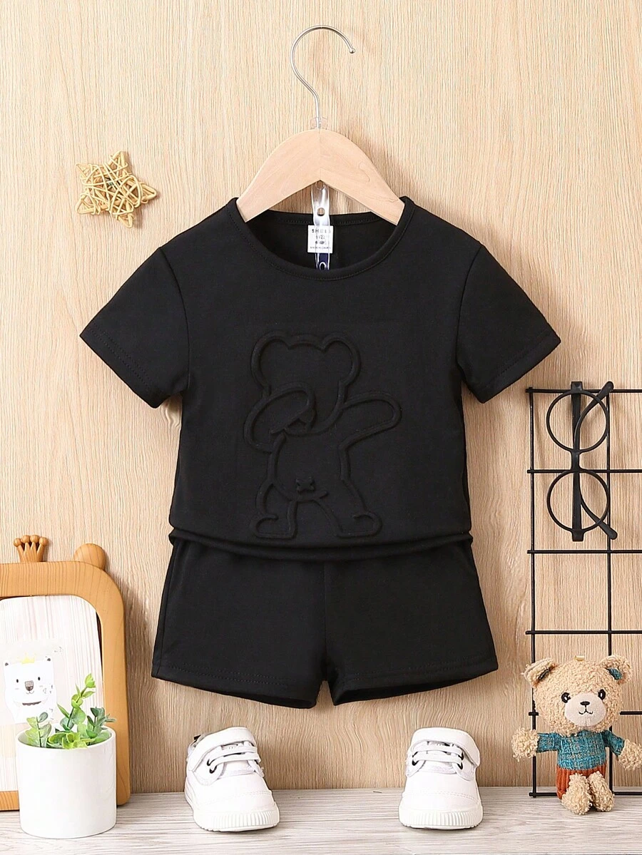 嬰兒熊壓花T恤和短褲 - 黑色 - 查看 1