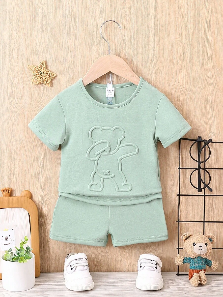 嬰兒熊壓花T恤和短褲 - 綠色 - 查看 1