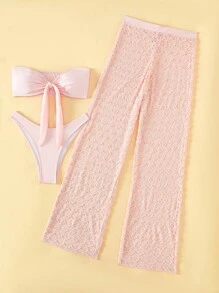 Bañador bikini bandeau con nudo delantero con pantalones cover up - Rosa Pálido - Ver 6