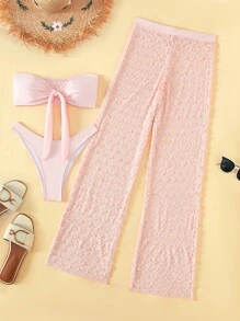 Bañador bikini bandeau con nudo delantero con pantalones cover up - Rosa Pálido - Ver 7