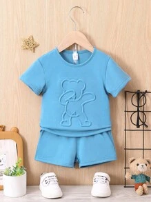 Bebé Shorts con camiseta oso en relieve - Azul - Ver 1