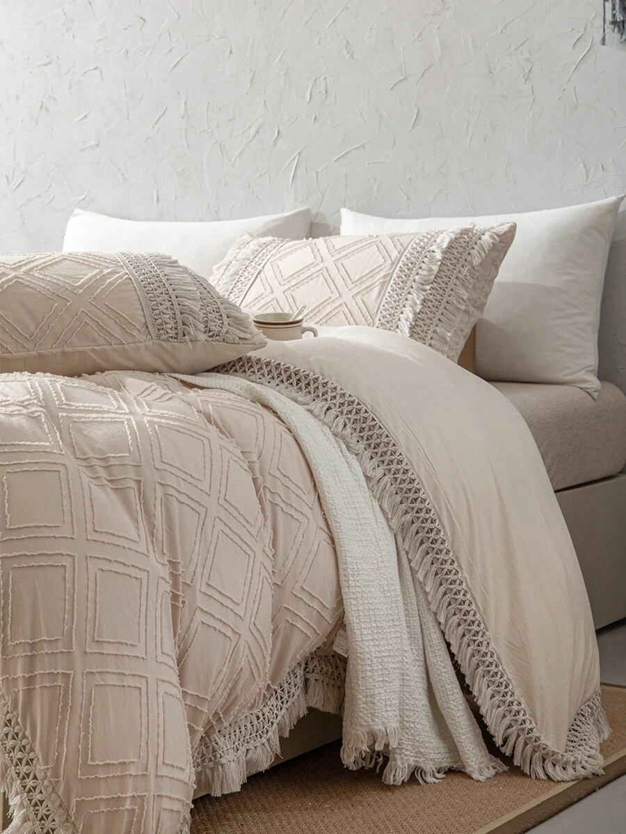 3pcs Bohemian Style Fringed Diamondgrid Beige Duvet Cover Set (1 Duvet