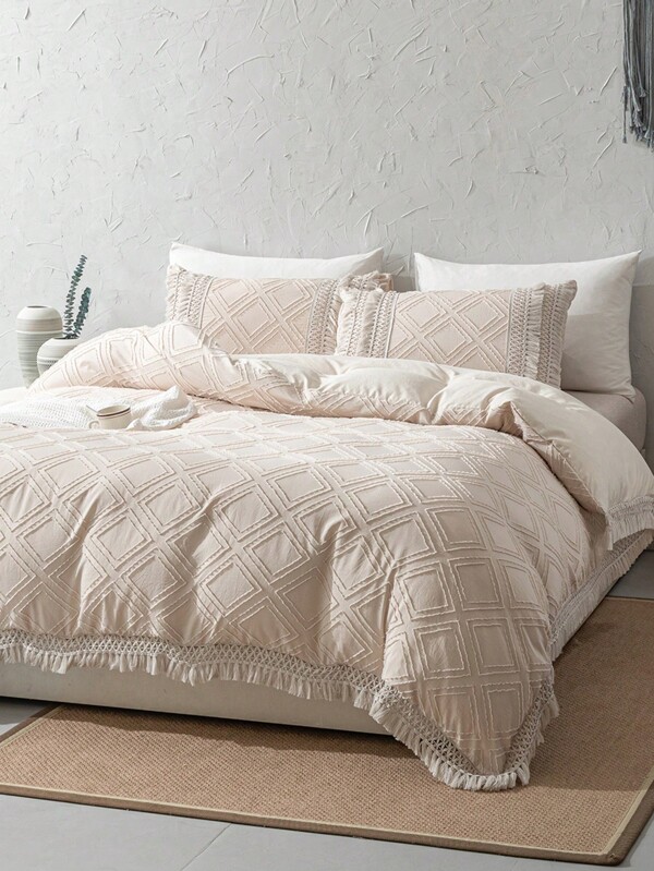 3pcs Bohemian Style Fringed Diamondgrid Beige Duvet Cover Set (1 Duvet