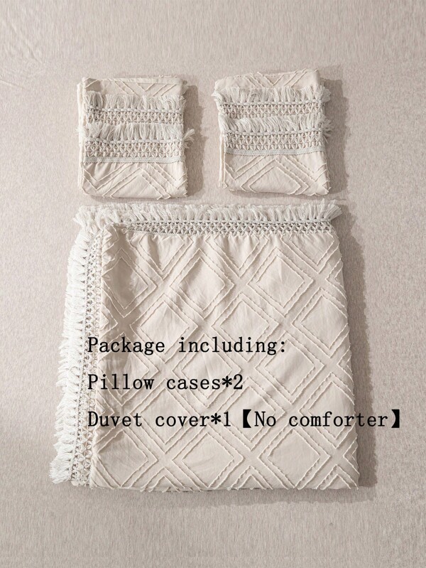 3pcs Bohemian Style Fringed Diamondgrid Beige Duvet Cover Set (1 Duvet