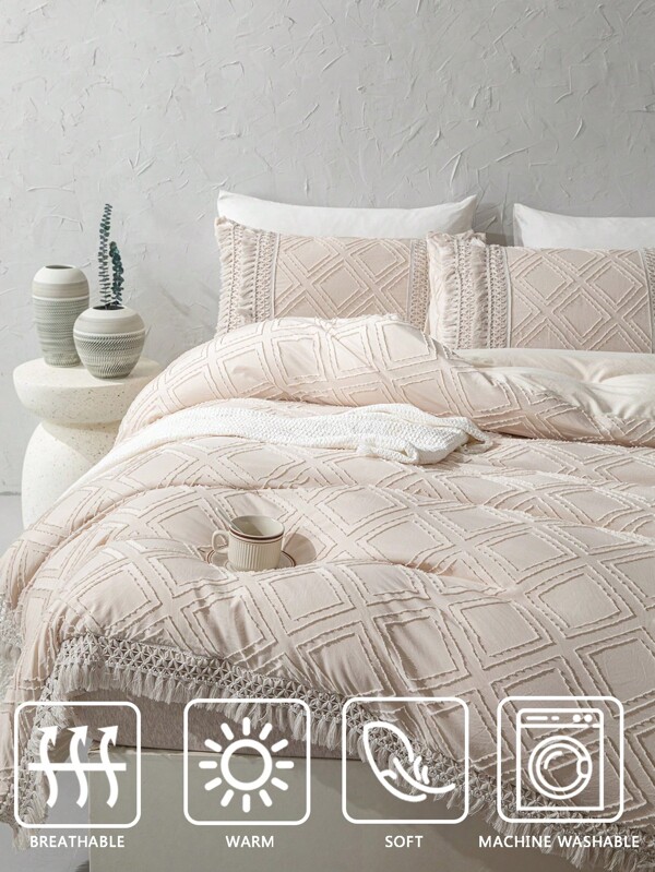 3pcs Bohemian Style Fringed Diamondgrid Beige Duvet Cover Set (1 Duvet