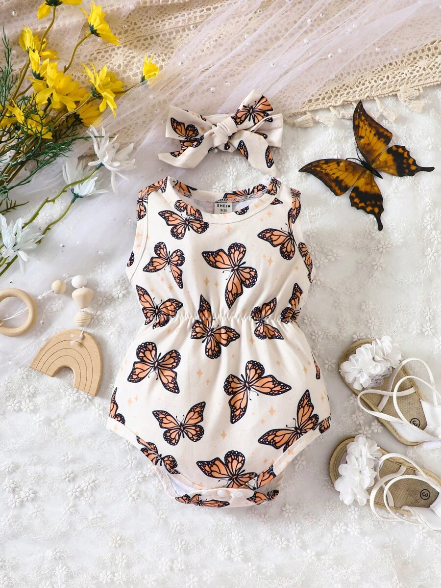 Baby Girl Butterfly Print Bodysuit & Headband - Apricot - View 1