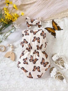 Baby Girl Butterfly Print Bodysuit & Headband - Apricot - View 2