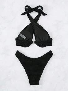 Cross Halter Underwire Bikini Set For Summer Beach - Black - View 3