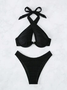Cross Halter Underwire Bikini Set For Summer Beach - Black - View 6