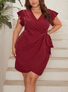 SHEIN Privé Plus Butterfly Sleeve Knot Side Wrap Hem Dress - Red - View 1