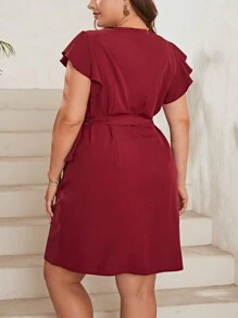 SHEIN Privé Plus Butterfly Sleeve Knot Side Wrap Hem Dress - Red - View 2