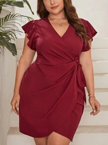 SHEIN Privé Plus Butterfly Sleeve Knot Side Wrap Hem Dress - Red - View 6