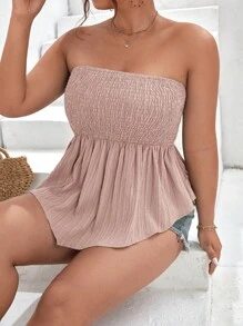 SHEIN Frenchy 大碼素色打褶抹胸上衣 - 藕粉色 - 查看 4