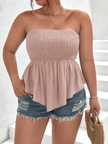 SHEIN Frenchy 大碼素色打褶抹胸上衣 - 藕粉色 - 查看 7