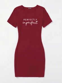 SHEIN Unity 女士休闲字母印花短袖迷你连衣裙，适合日常通勤，夏季 - 紅色 - 查看 3