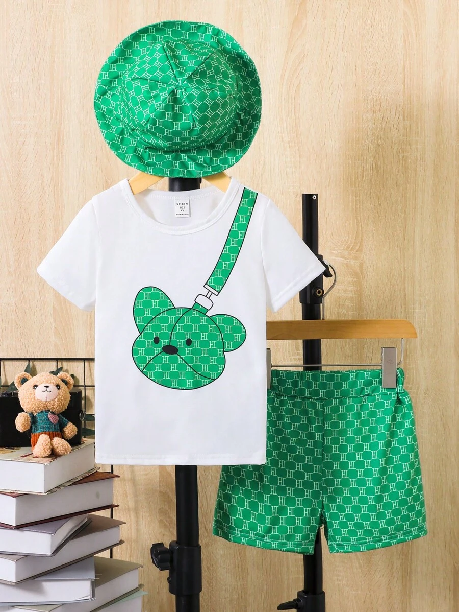 SHEIN 小男童卡通圖案T恤和短褲