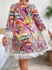 SHEIN Allover Print Fringe Trim Kimono, For Summer Beach Vacation - Multicolor - View 1