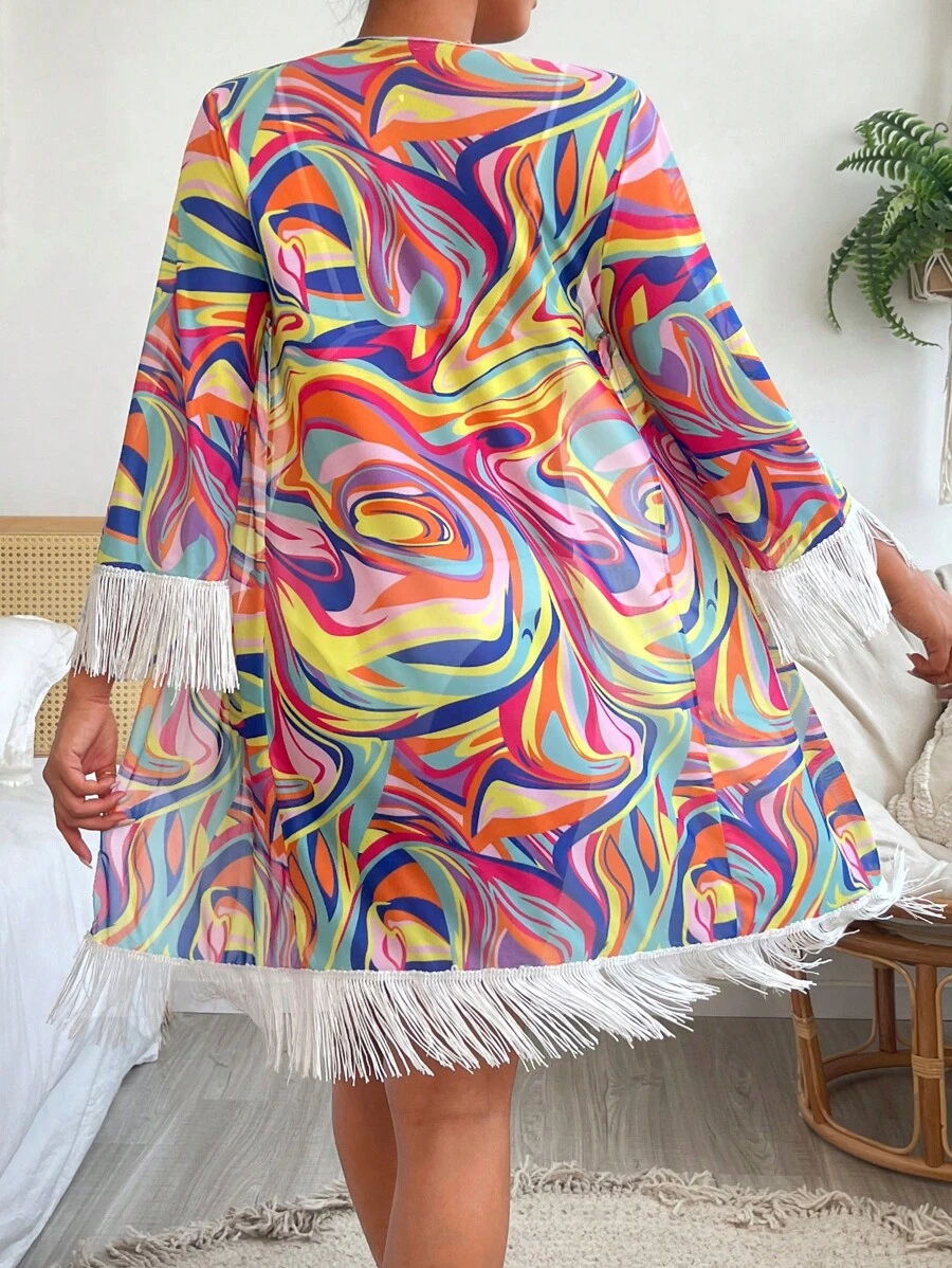 SHEIN Allover Print Fringe Trim Kimono, For Summer Beach Vacation - Multicolor - View 1