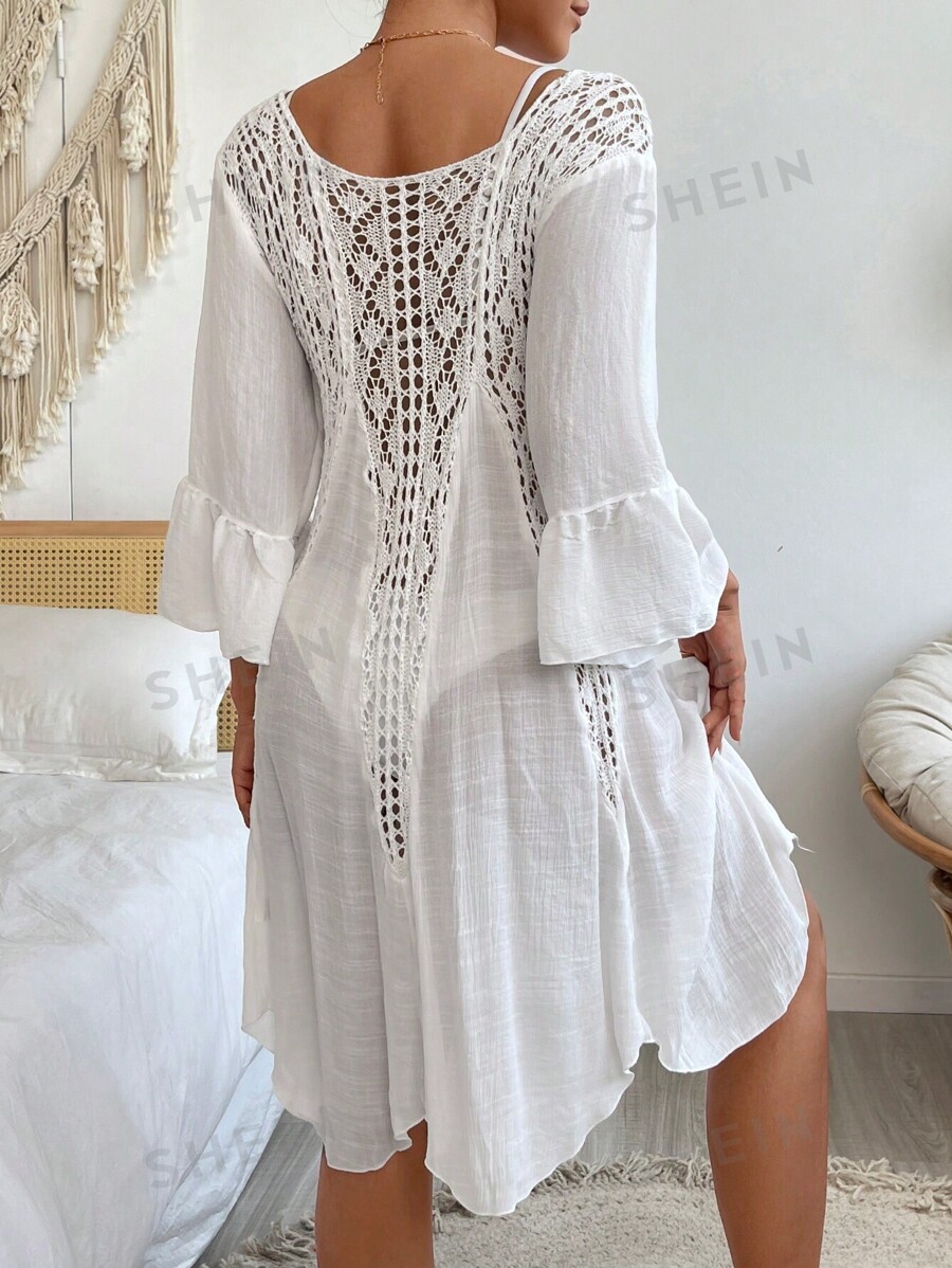 SHEIN Swim Summer Beach Contrast Crochet Flounce Sleeve Cover Up Dress