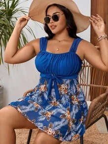 Swim Lushoire Plus Size Tropical Print Ruched Bust Knot Front Tankini Summer Beach - Blue - View 1