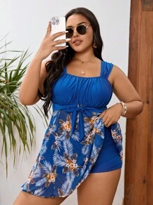 Swim Lushoire Plus Size Tropical Print Ruched Bust Knot Front Tankini Summer Beach - Blue - View 5