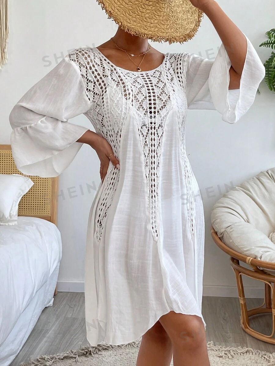 Swim Vcay Vestido cover up de croché en contraste de manga con volante - Blanco - Ver 1