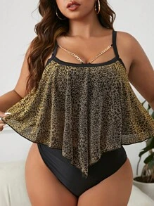 SHEIN Chi tiết dây chuyền in da báo cỡ lớn Tankini Bãi biển mùa hè - màu đen - Xem 1