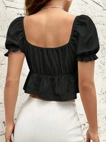 SHEIN EZwear Camiseta crop de manga farol con nudo delantero peplum - Negro - Ver 2