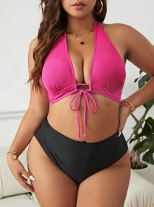 SHEIN Swim Curve Plus Tie Front Halter Bikini Top - Hot Pink - View 4
