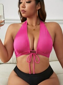 SHEIN Swim Curve Plus Tie Front Halter Bikini Top - Hot Pink - View 5