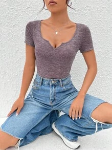 SHEIN EZwear Áo thun nữ màu trơn Giải trí - Bụi tím - Xem 6
