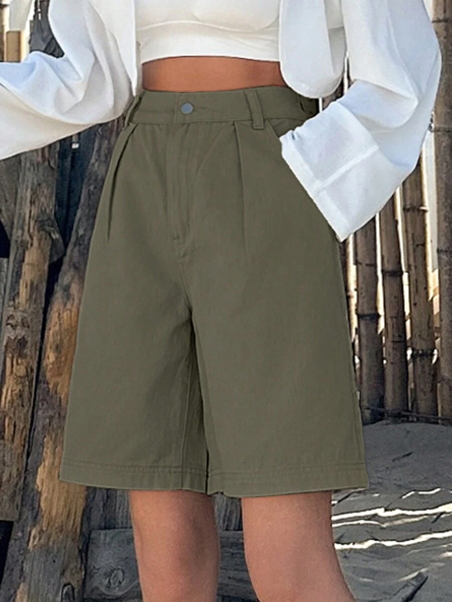 DAZY 拼接細節百慕大牛仔短褲 - 軍綠色 - 查看 1