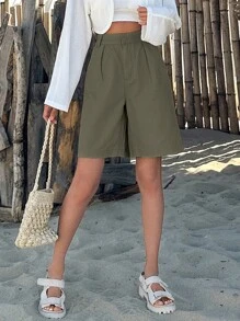 DAZY 拼接細節百慕大牛仔短褲 - 軍綠色 - 查看 3