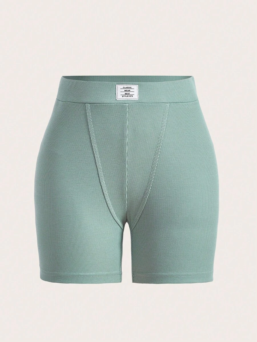 SHEIN EZwear Quần tất nữ Đắp vá Gân đan Lá thư Giải trí - Màu xanh Bạc hà - Xem 1