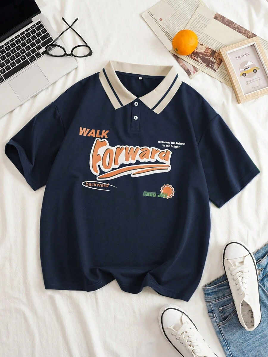 INAWLY Plus Slogan Graphic Contrast Collar Tee WALK  Forward  Backward  Welcome The Future To The Bright  GOOD JOY - Navy Blue - View 1