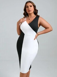 SHEIN Clasi Đầm Plus Size Trọn gói Khối Màu Thanh lịch - Đen và trắng - Xem 5