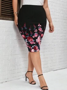 SHEIN Clasi Plus Floral Print Pencil Skirt - Black - View 5