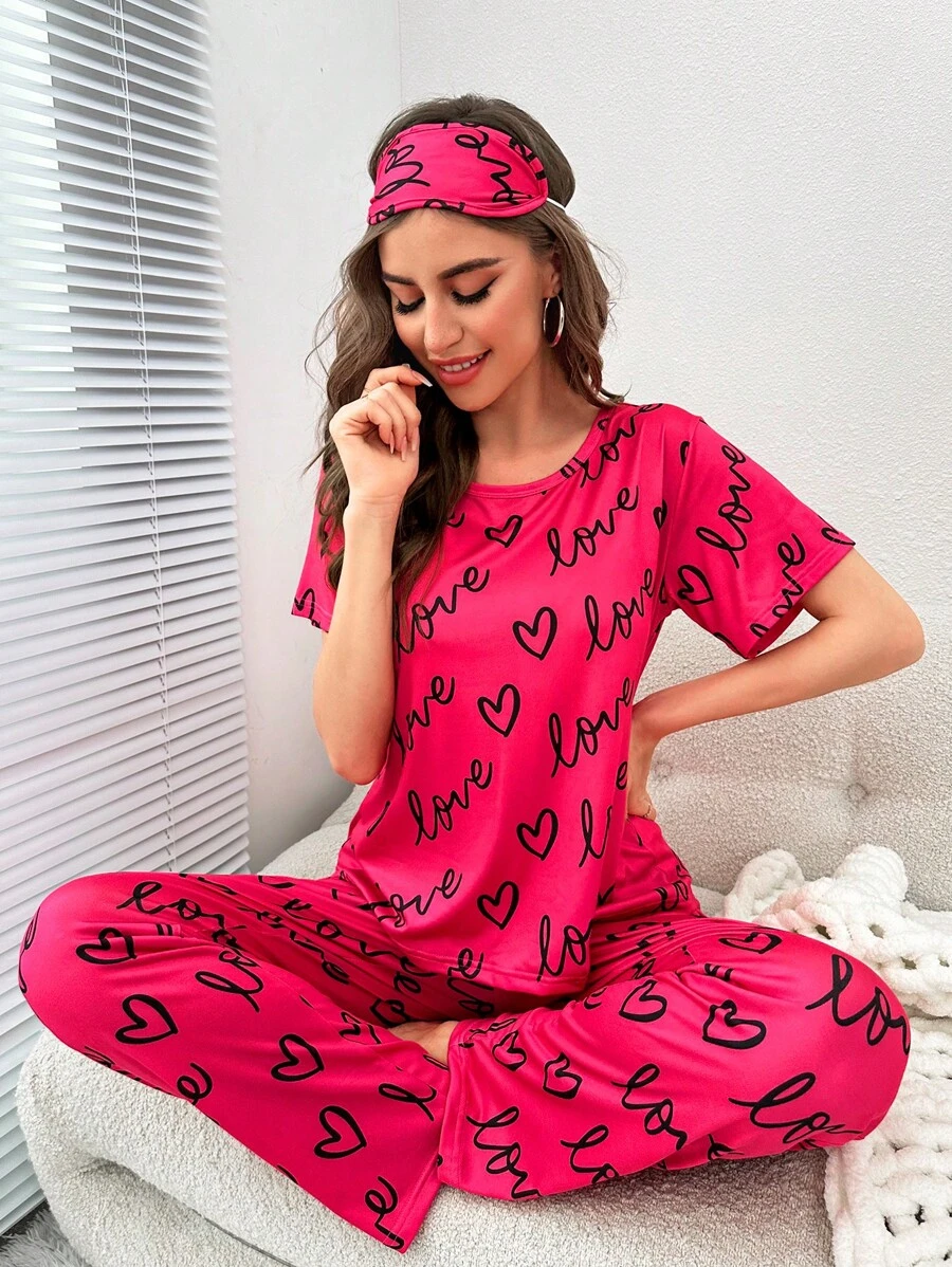 Heart & Letter Graphic PJ Set / Pajama Set With Eye Cover