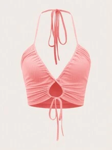 SHEIN ICON Cut Out Drawstring Tie Backless Halter Top - Watermelon Pink - View 1