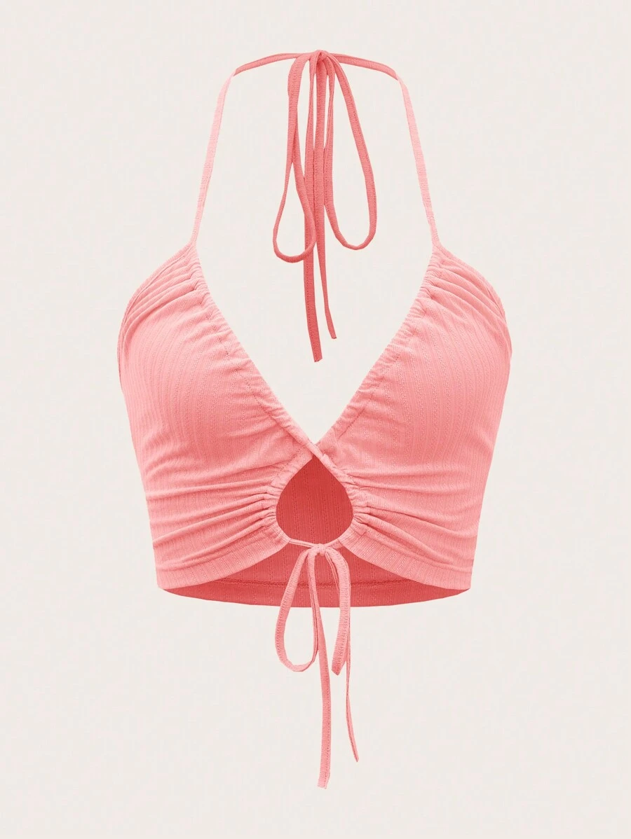 SHEIN ICON Cut Out Drawstring Tie Backless Halter Top - Watermelon Pink - View 1